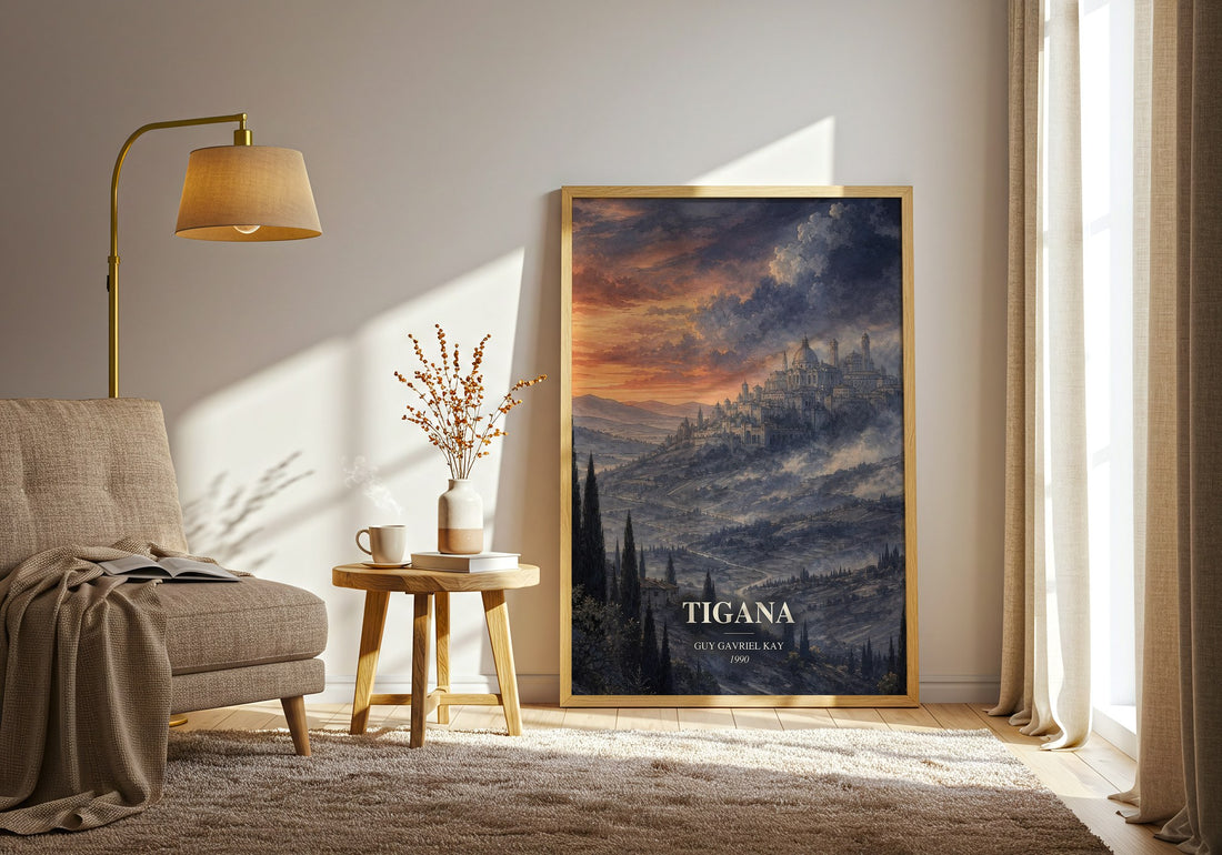 Tigana watercolour print in frame leaning in hallway – fantasy wall art (mockup)