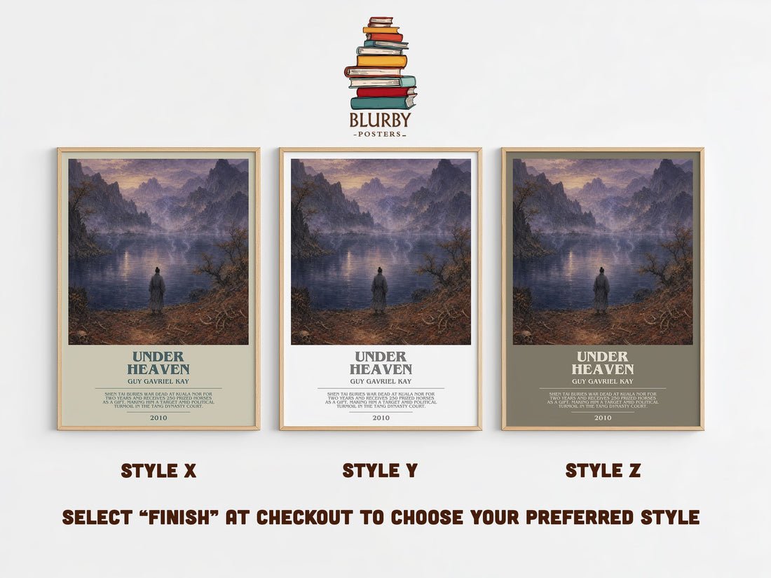 Under Heaven bookish print in frame leaning in hallway – fantasy wall art (mockup)