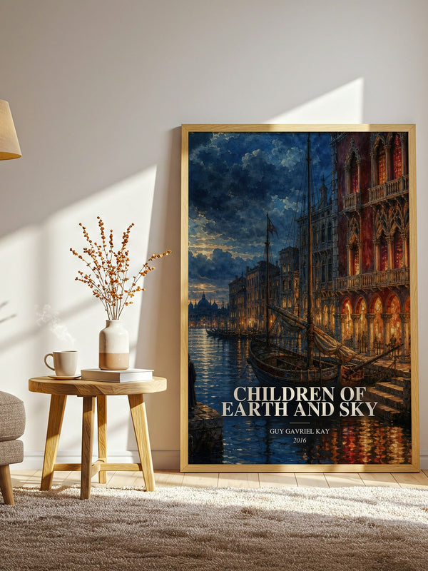 Children of Earth and Sky watercolour print in frame leaning in hallway – historical fiction wall art