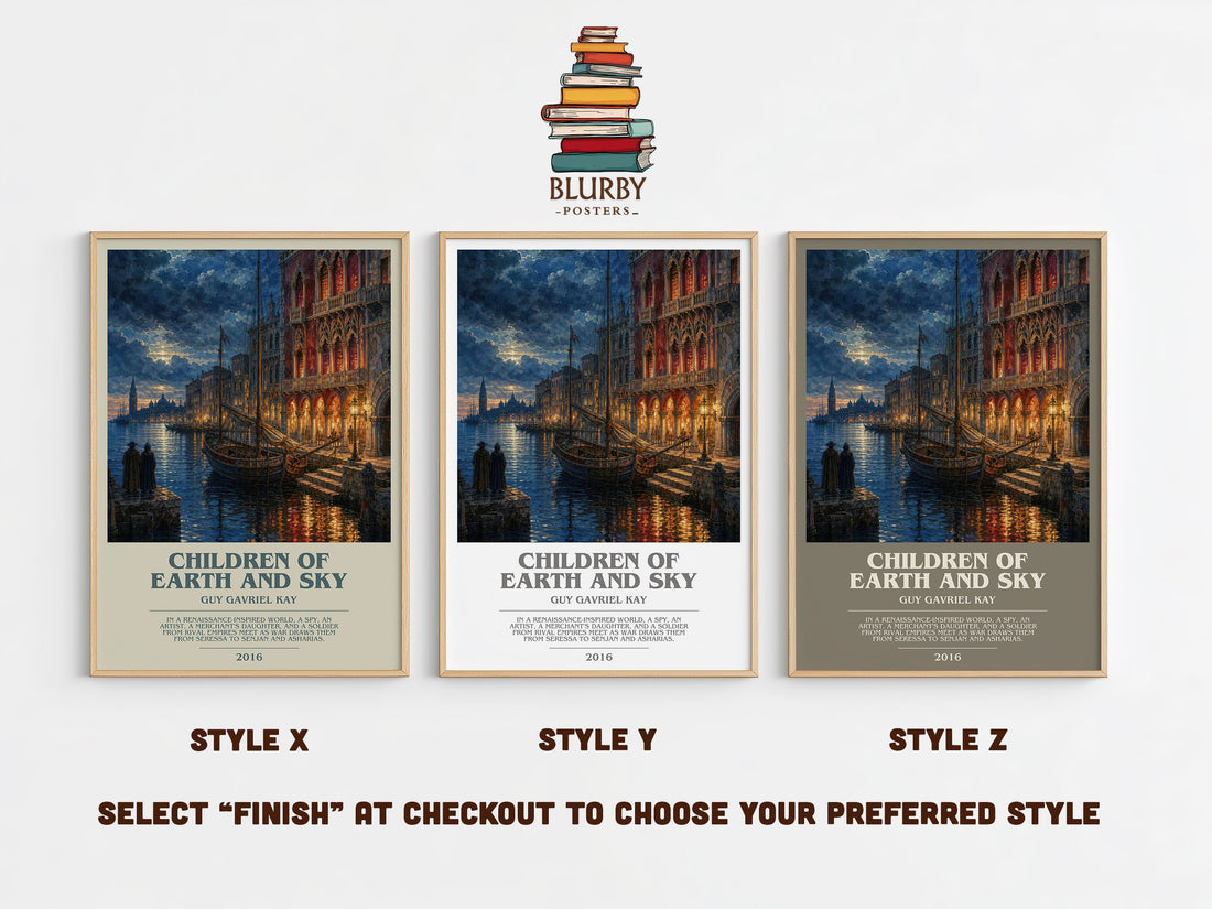 Children of Earth and Sky bookish print in frame leaning in hallway – historical fiction wall art (mockup)