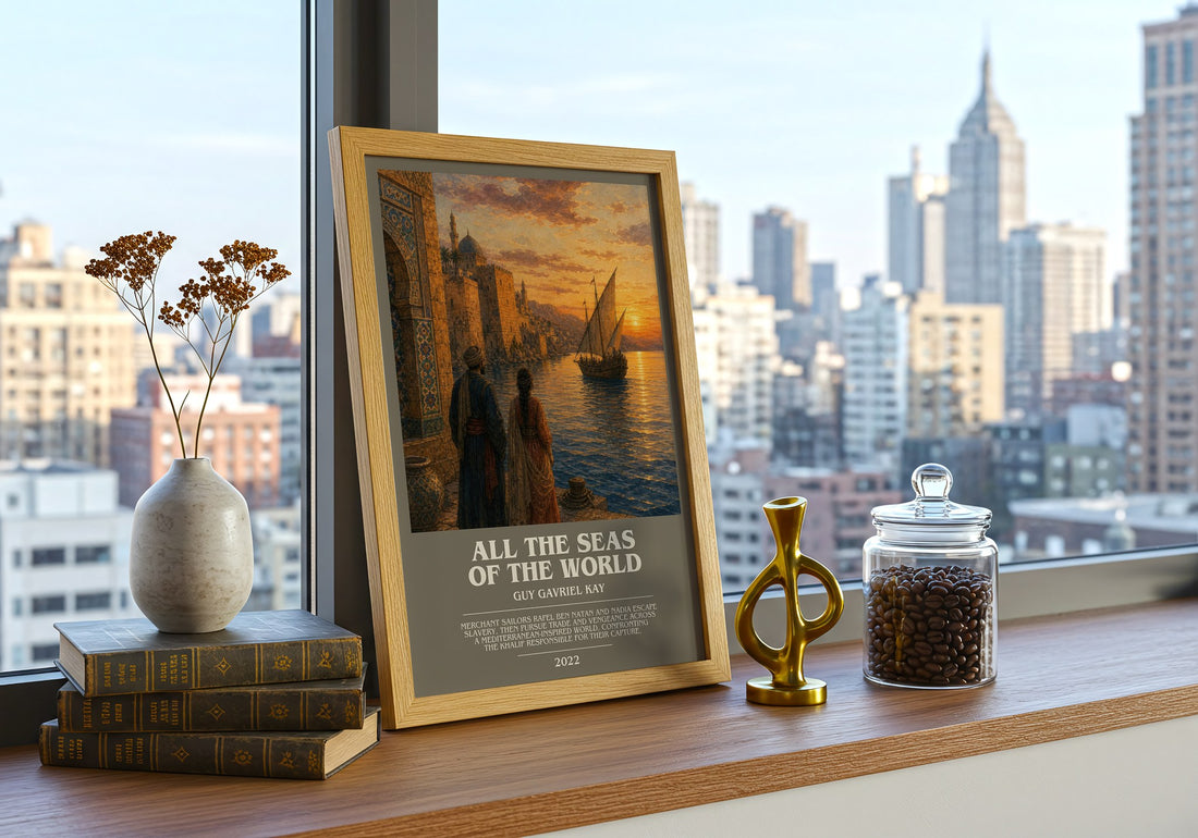 All the Seas of the World bookish print framed by window – literary home decor