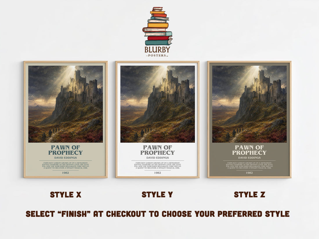 Pawn of Prophecy bookish print in frame leaning in hallway – fantasy wall art (mockup)