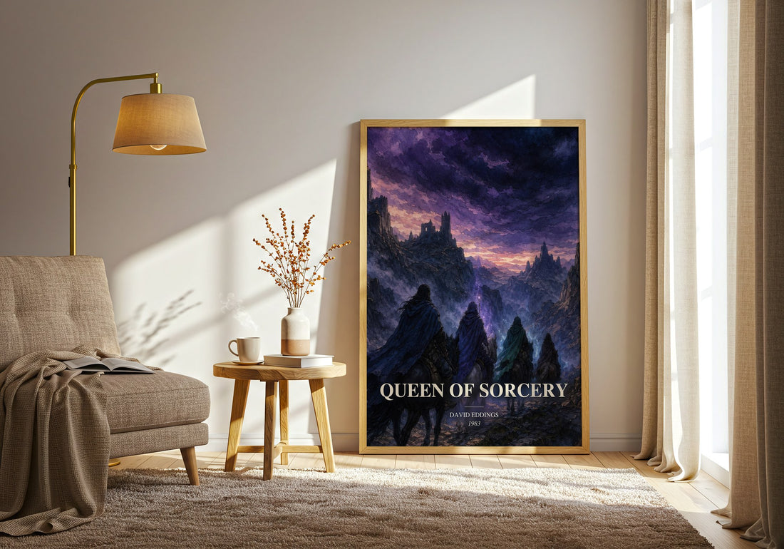 Queen of Sorcery watercolour print in frame leaning in hallway – fantasy wall art (mockup)