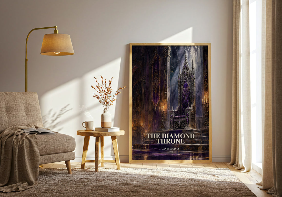 The Diamond Throne watercolour print in frame leaning in hallway – fantasy wall art (mockup)