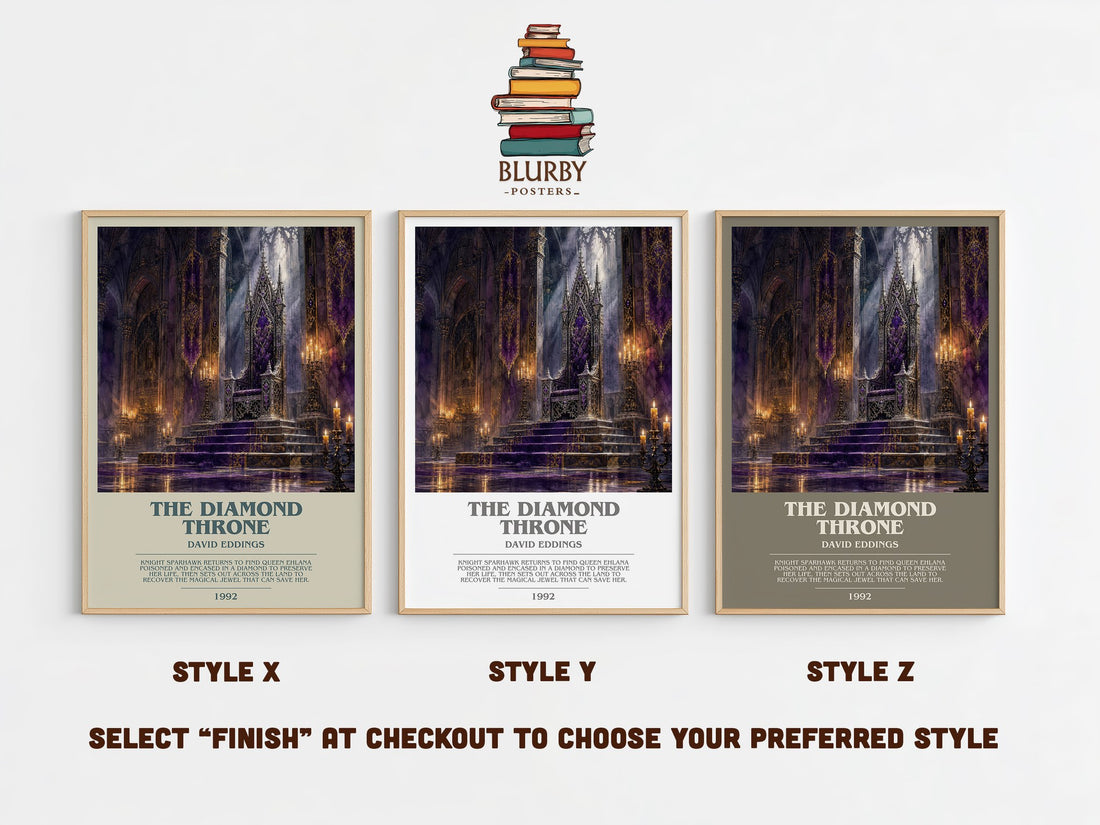 The Diamond Throne bookish print in frame leaning in hallway – fantasy wall art (mockup)