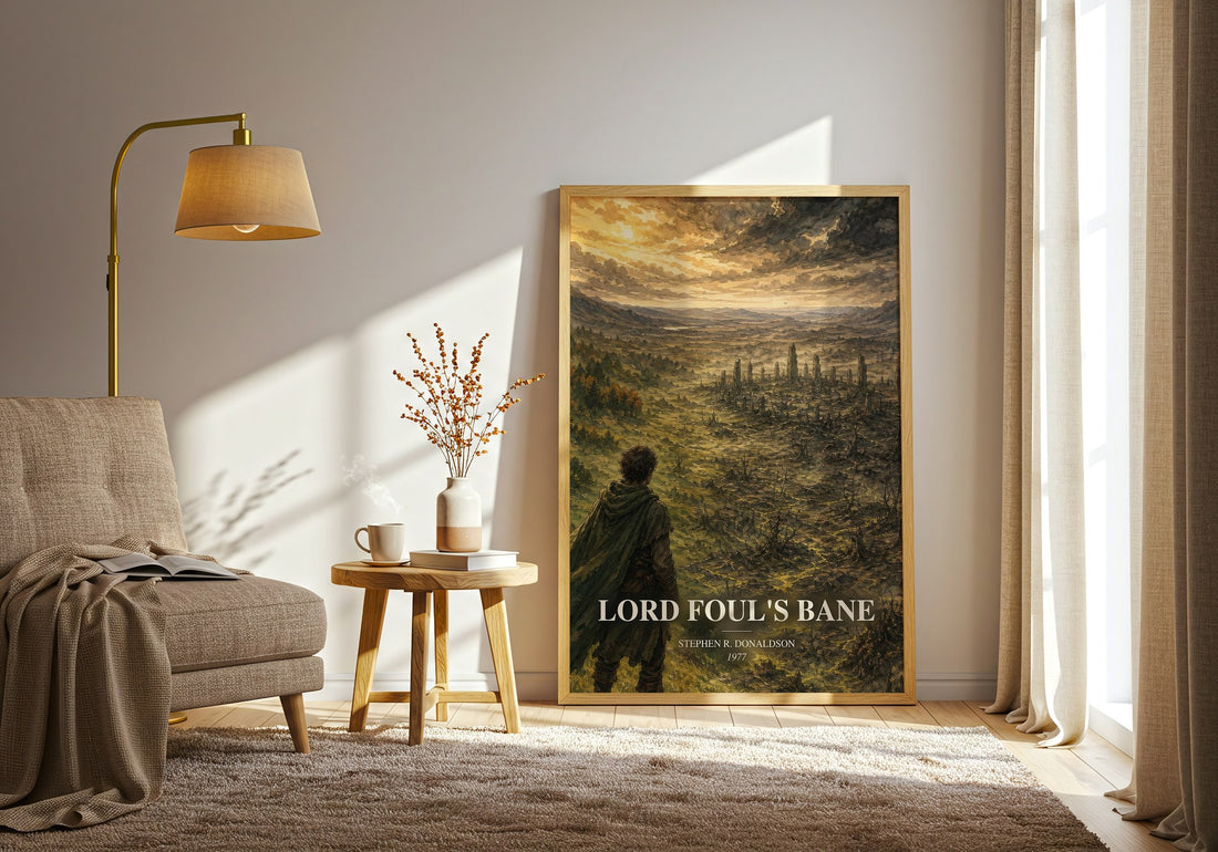 Lord Foul's Bane watercolour print in frame leaning in hallway – fantasy wall art (mockup)