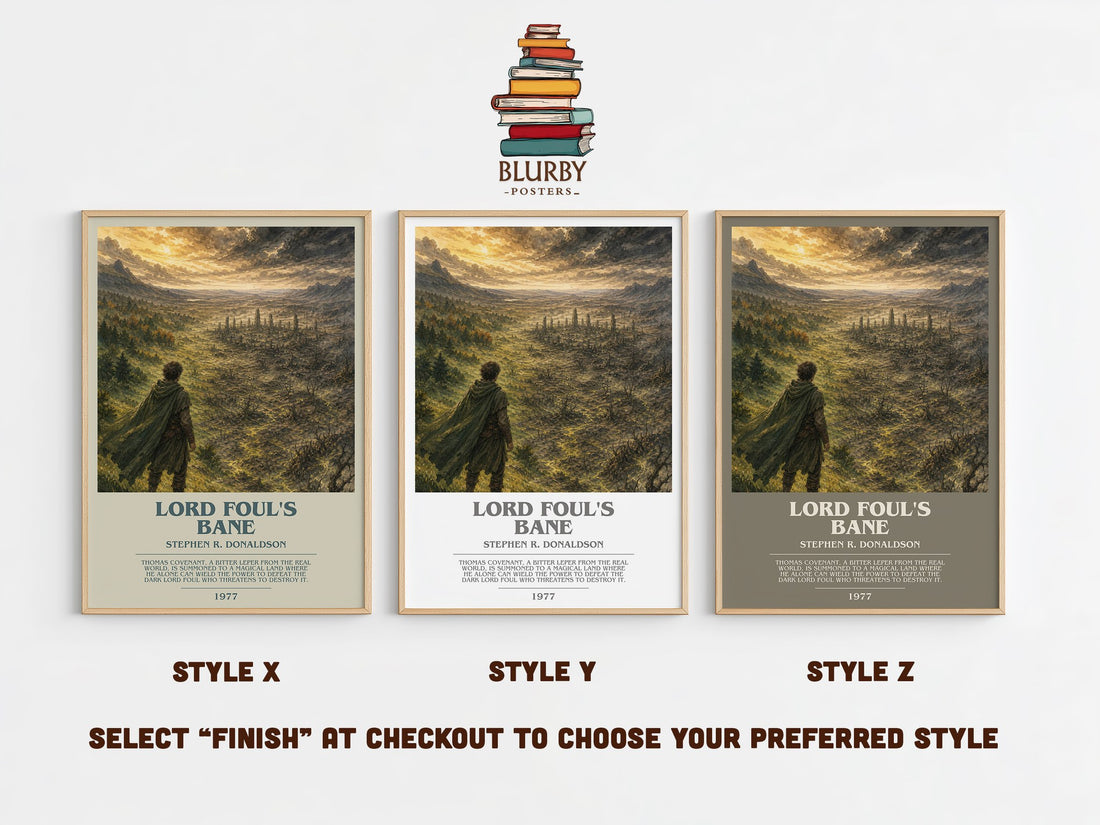 Lord Foul's Bane bookish print in frame leaning in hallway – fantasy wall art (mockup)