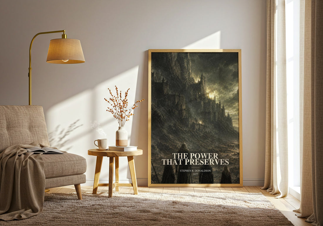 The Power That Preserves watercolour print in frame leaning in hallway – fantasy wall art (mockup)