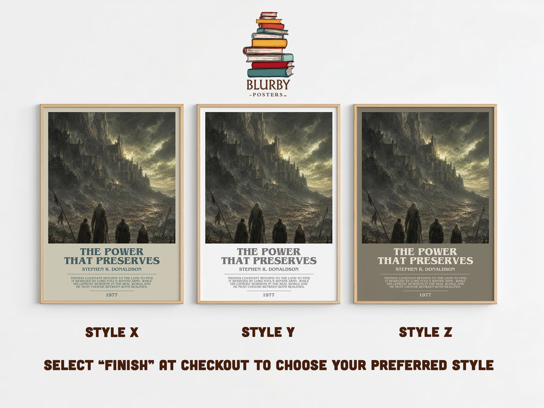 The Power That Preserves bookish print in frame leaning in hallway – fantasy wall art (mockup)