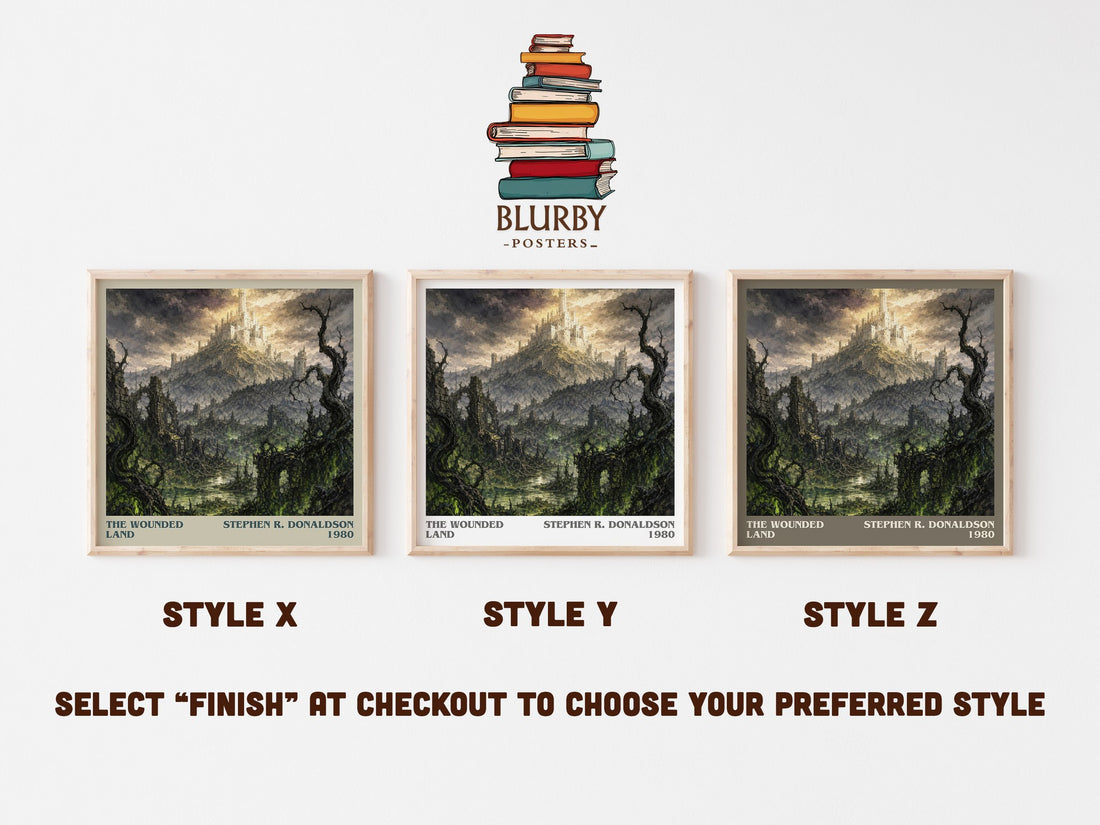The Wounded Land literary print in frame leaning in hallway – fantasy wall art (mockup)