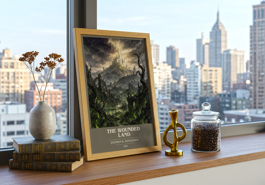 The Wounded Land book cover print framed by window – literary home decor