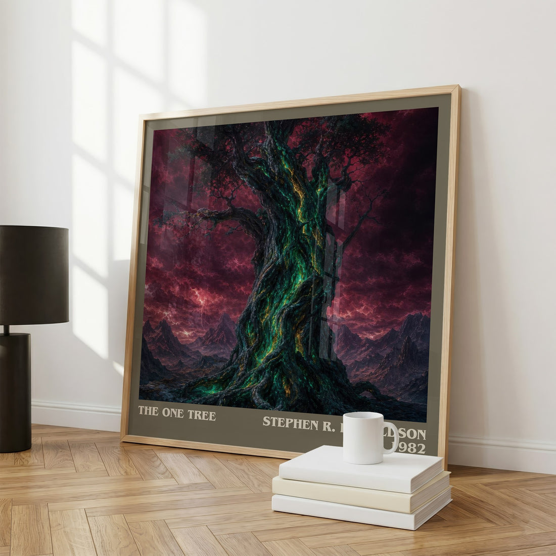 The One Tree Literary Art Print by Stephen R. Donaldson – large square framed print leaning against a wall