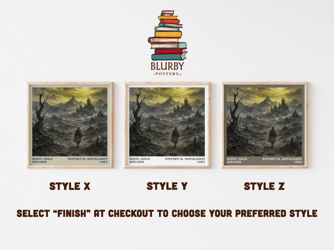 White Gold Wielder literary print in frame leaning in hallway – fantasy wall art (mockup)