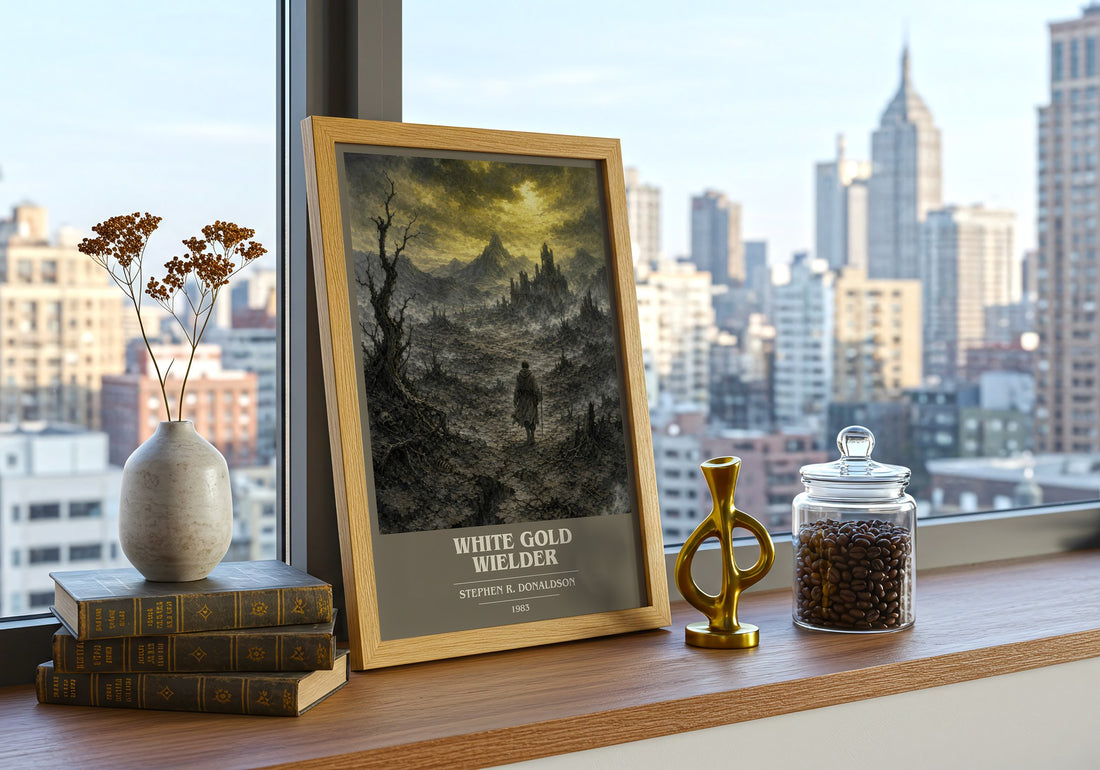 White Gold Wielder book cover print framed by window – literary home decor
