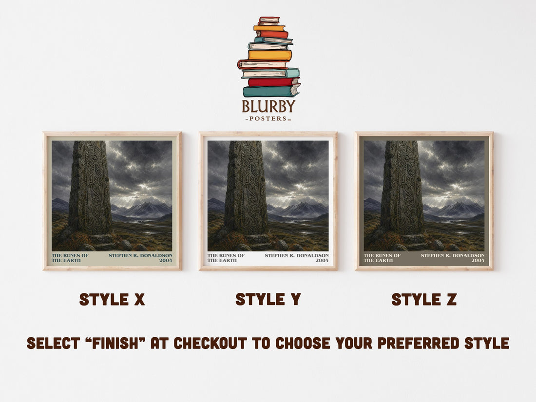 The Runes of the Earth literary print in frame leaning in hallway – fantasy wall art (mockup)