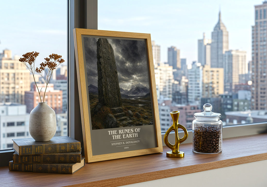 The Runes of the Earth book cover print framed by window – literary home decor