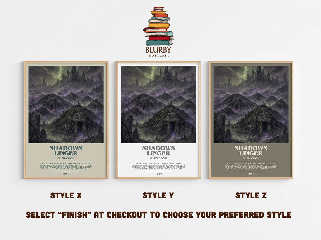 Shadows Linger bookish print in frame leaning in hallway – fantasy wall art (mockup)