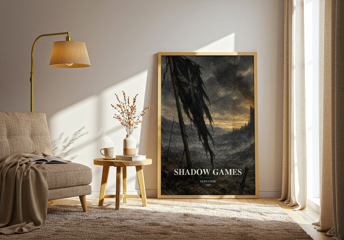 Shadow Games watercolour print in frame leaning in hallway – fantasy wall art (mockup)