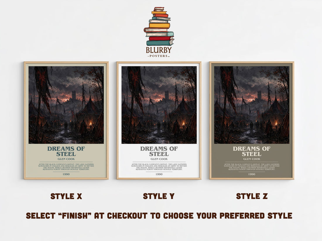 Dreams of Steel bookish print in frame leaning in hallway – fantasy wall art (mockup)