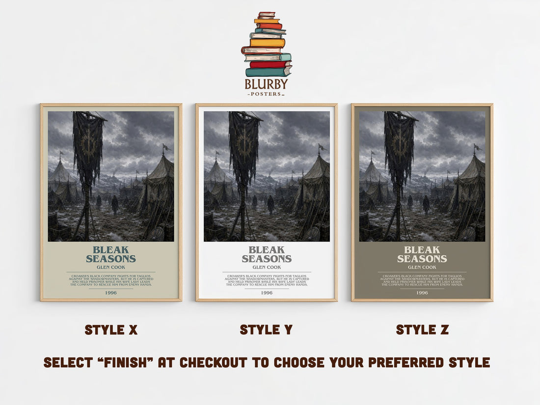 Bleak Seasons bookish print in frame leaning in hallway – fantasy wall art (mockup)
