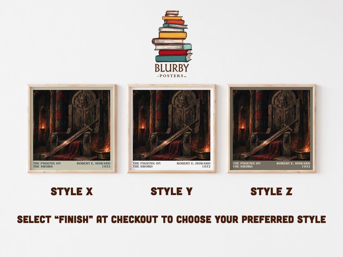 The Phoenix on the Sword literary print in frame leaning in hallway – fantasy wall art (mockup)