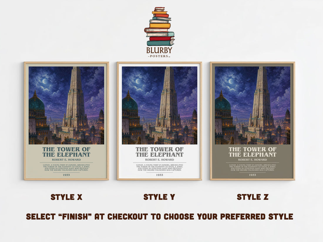 The Tower of the Elephant bookish print in frame leaning in hallway – fantasy wall art (mockup)