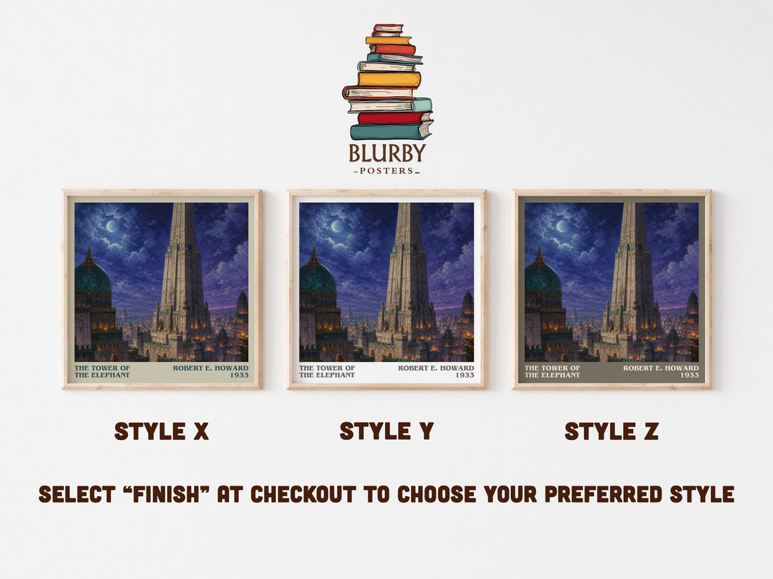 The Tower of the Elephant literary print in frame leaning in hallway – fantasy wall art (mockup)