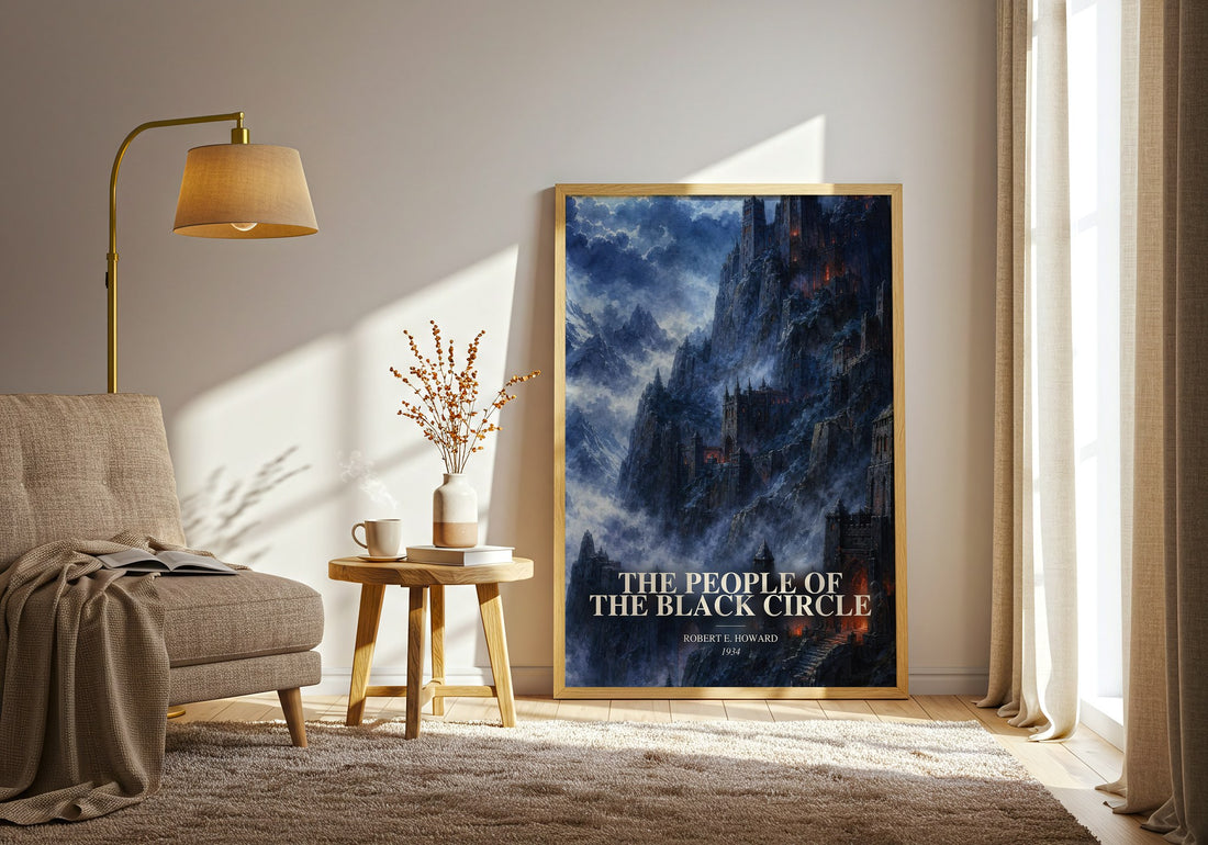 The People of the Black Circle watercolour print in frame leaning in hallway – fantasy wall art (mockup)