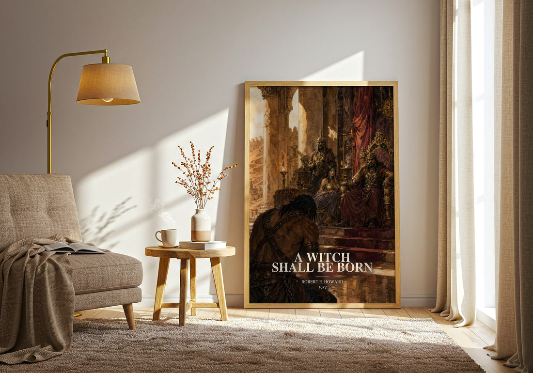 A Witch Shall Be Born watercolour print in frame leaning in hallway – fantasy wall art (mockup)