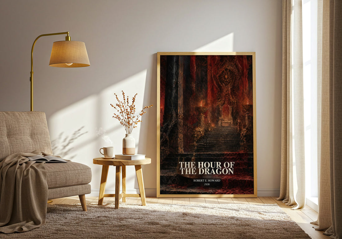 The Hour of the Dragon watercolour print in frame leaning in hallway – fantasy wall art (mockup)