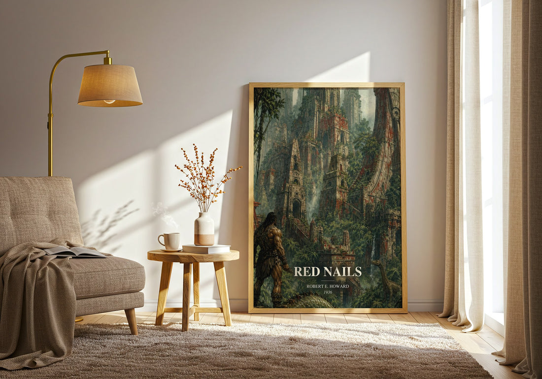 Red Nails watercolour print in frame leaning in hallway – fantasy wall art (mockup)