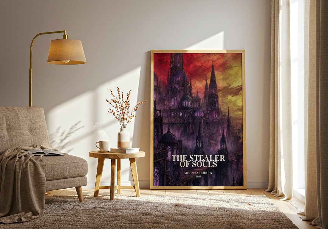 The Stealer of Souls watercolour print in frame leaning in hallway – fantasy wall art (mockup)