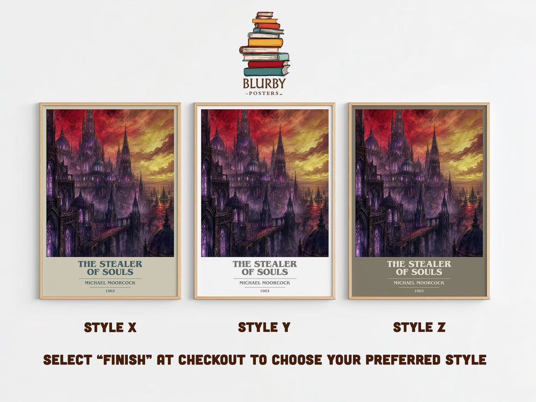 The Stealer of Souls book cover print in frame leaning in hallway – fantasy wall art (mockup)