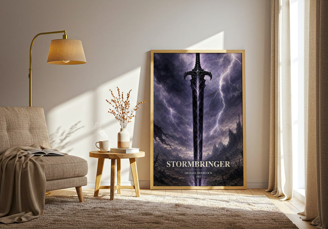 Stormbringer watercolour print in frame leaning in hallway – fantasy wall art (mockup)