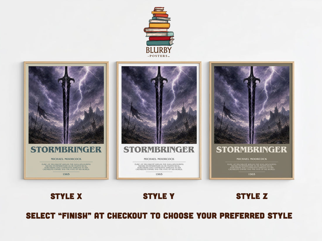 Stormbringer bookish print in frame leaning in hallway – fantasy wall art (mockup)