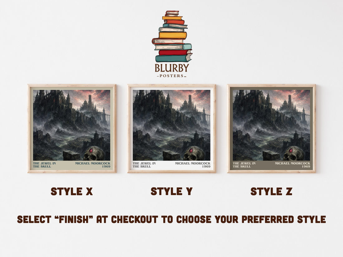 The Jewel in the Skull literary print in frame leaning in hallway – sci fi wall art (mockup)