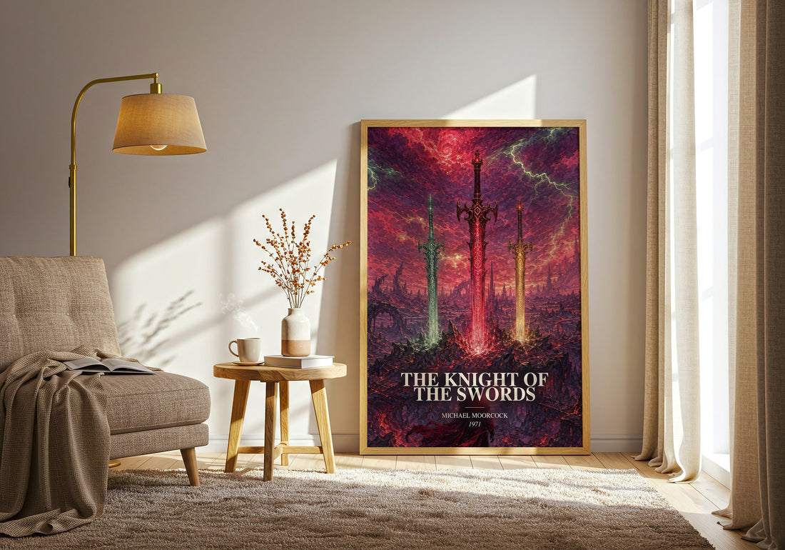 The Knight of the Swords watercolour print in frame leaning in hallway – fantasy wall art (mockup)