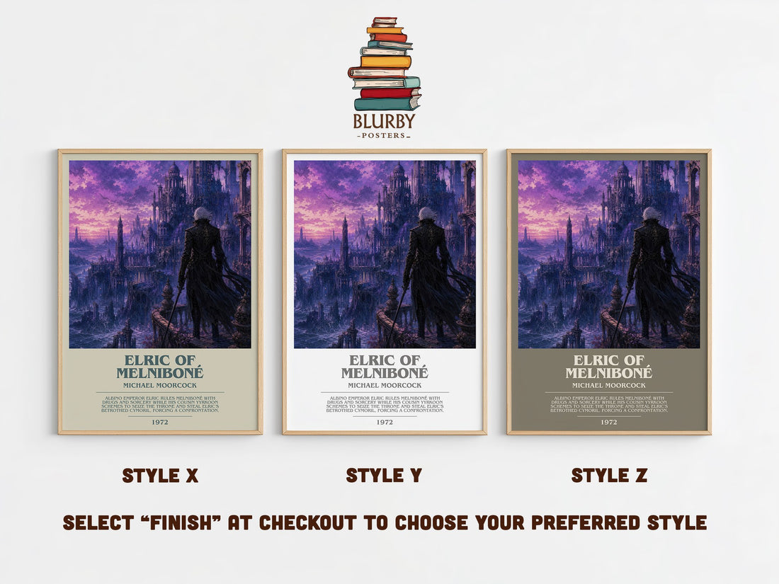 Elric of Melniboné bookish print in frame leaning in hallway – fantasy wall art (mockup)