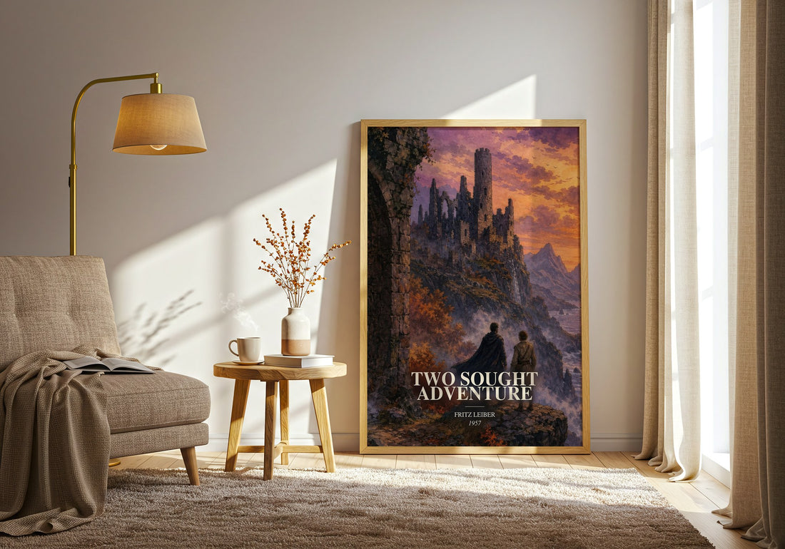 Two Sought Adventure watercolour print in frame leaning in hallway – fantasy wall art (mockup)