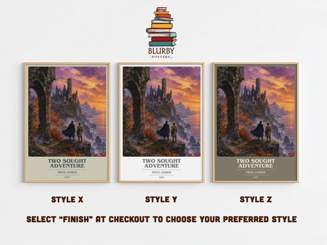 Two Sought Adventure book cover print in frame leaning in hallway – fantasy wall art (mockup)