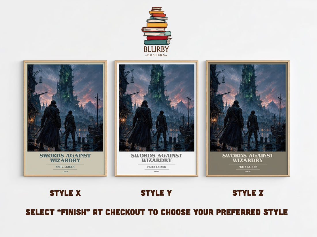 Swords Against Wizardry book cover print in frame leaning in hallway – fantasy wall art (mockup)