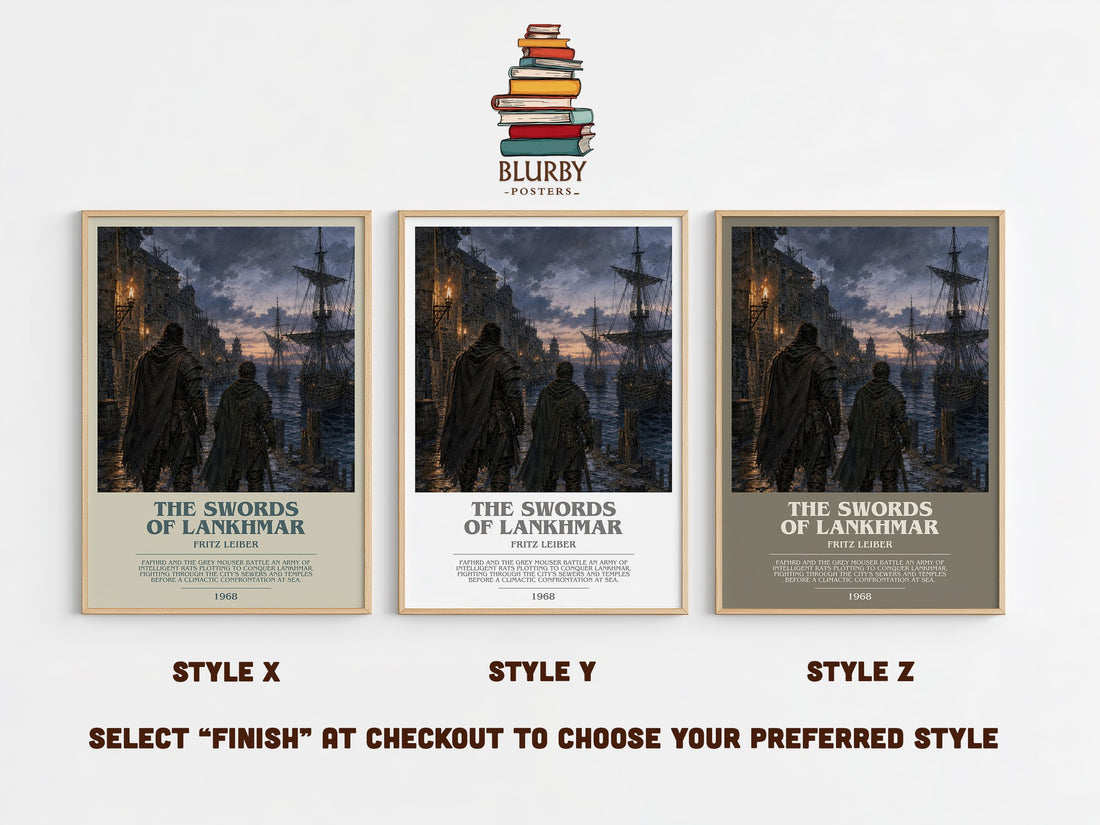 The Swords of Lankhmar bookish print in frame leaning in hallway – fantasy wall art (mockup)