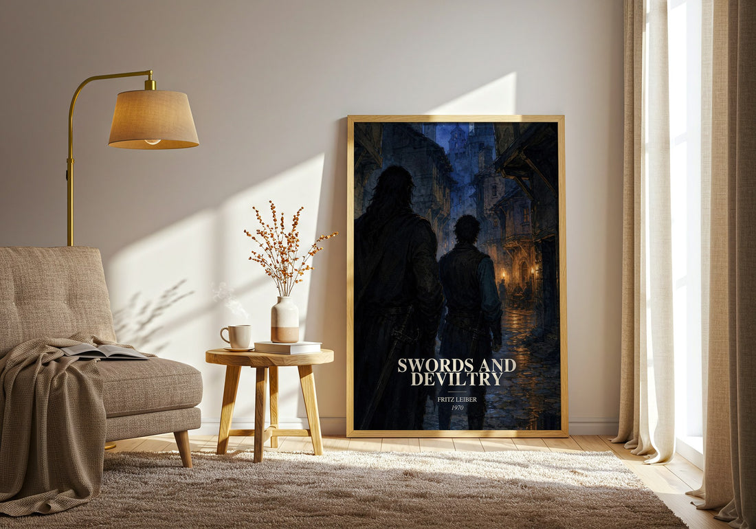 Swords and Deviltry watercolour print in frame leaning in hallway – fantasy wall art (mockup)