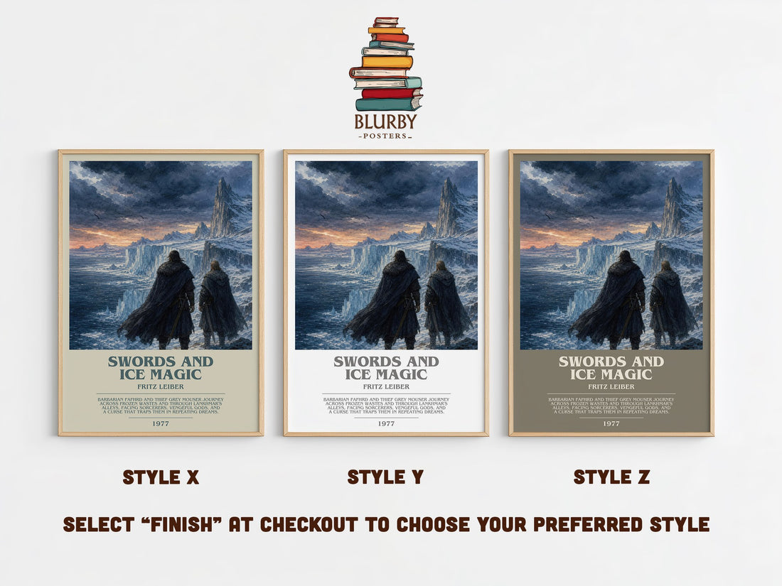 Swords and Ice Magic bookish print in frame leaning in hallway – fantasy wall art (mockup)