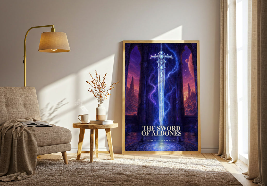 The Sword of Aldones watercolour print in frame leaning in hallway – sci fi wall art (mockup)