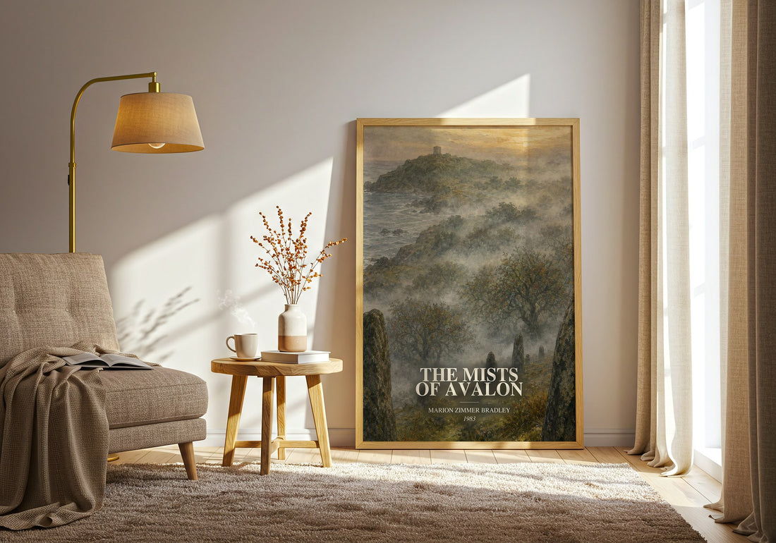 The Mists of Avalon watercolour print in frame leaning in hallway – fantasy wall art (mockup)