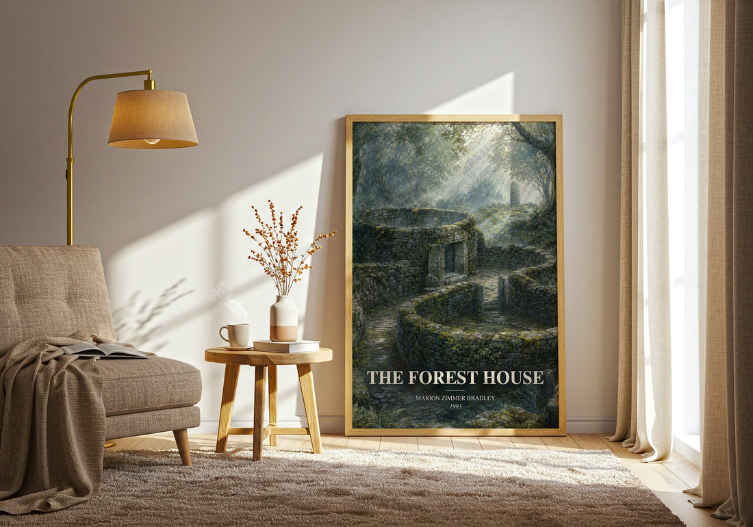The Forest House watercolour print in frame leaning in hallway – fantasy wall art (mockup)