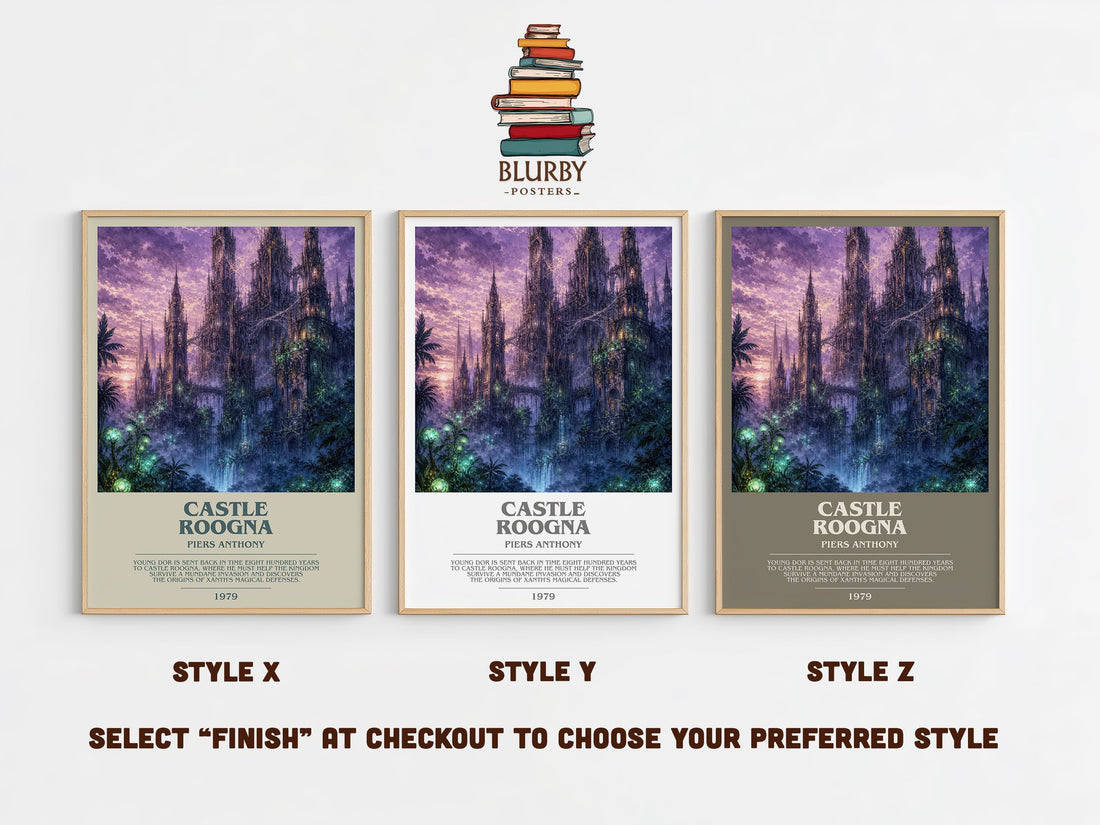 Castle Roogna bookish print in frame leaning in hallway – fantasy wall art (mockup)