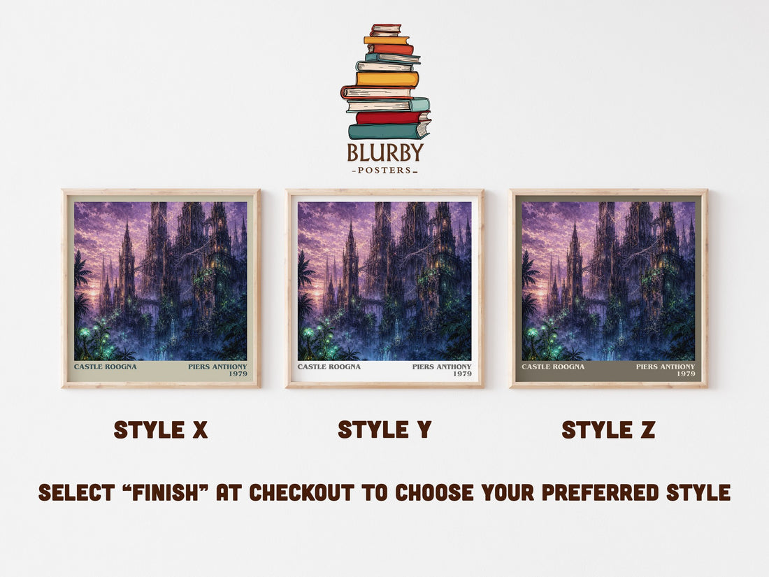 Castle Roogna literary print in frame leaning in hallway – fantasy wall art (mockup)