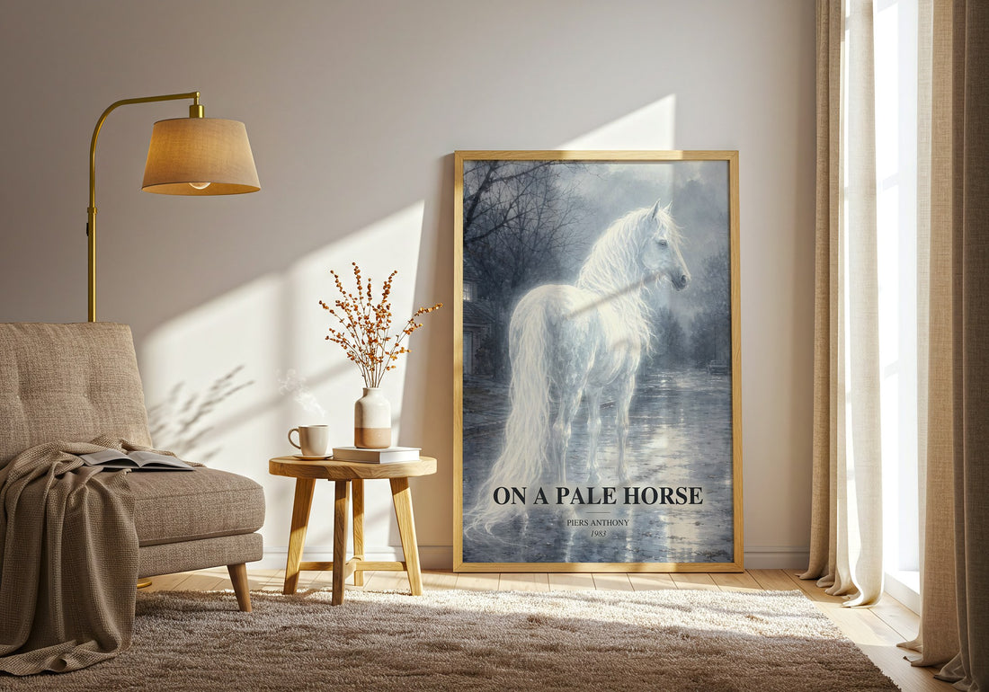 On a Pale Horse watercolour print in frame leaning in hallway – fantasy wall art (mockup)